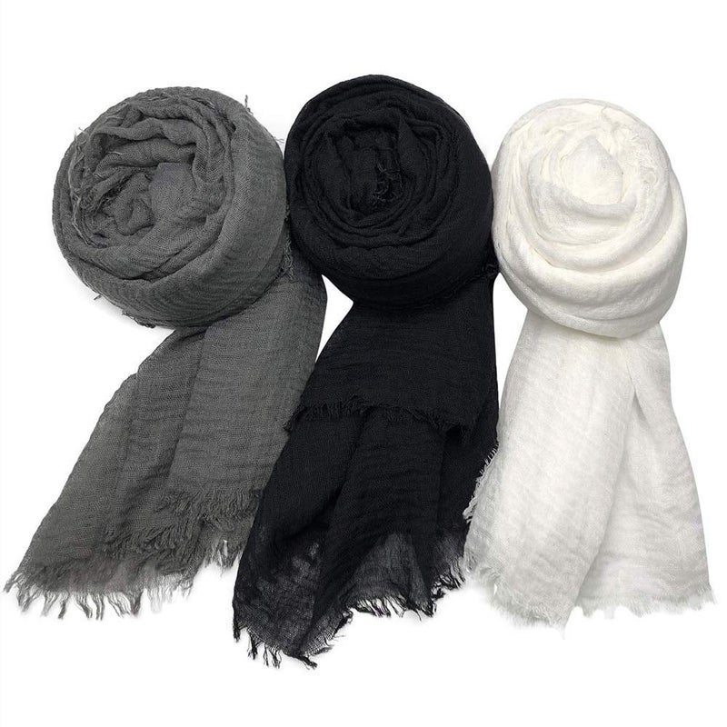 XRDSS Summer Cotton Blend Crinkle Vintage Soft Scarf with Fringed Edges 35" Ã— 70" (White/Black/Dark Gray) - Image 1